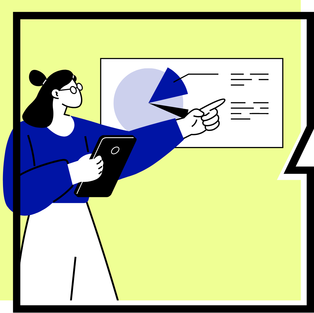 Monitoring & Analyse Person in blauem Oberteil und Brille, hält ein Tablet in der rechten Hand und zeigt auf eine Präsentation mit Tortendiagramm.