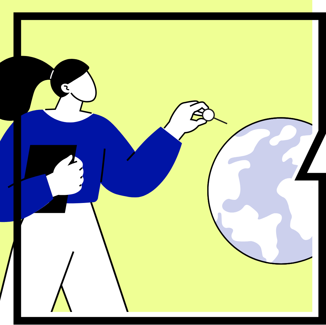 A person wearing a blue top and holding a clipboard positions a large pin over the globe.