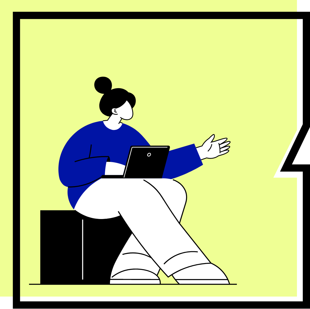 Kampagnen-Design & Management Person mit blauem Oberteil sitzt auf einem schwarzen Würfel mit Laptop auf dem Schoß. Die linke Hand ist in Form einer einladenden Geste dem nicht sichtbaren Gesprächspartner entgegengestreckt.