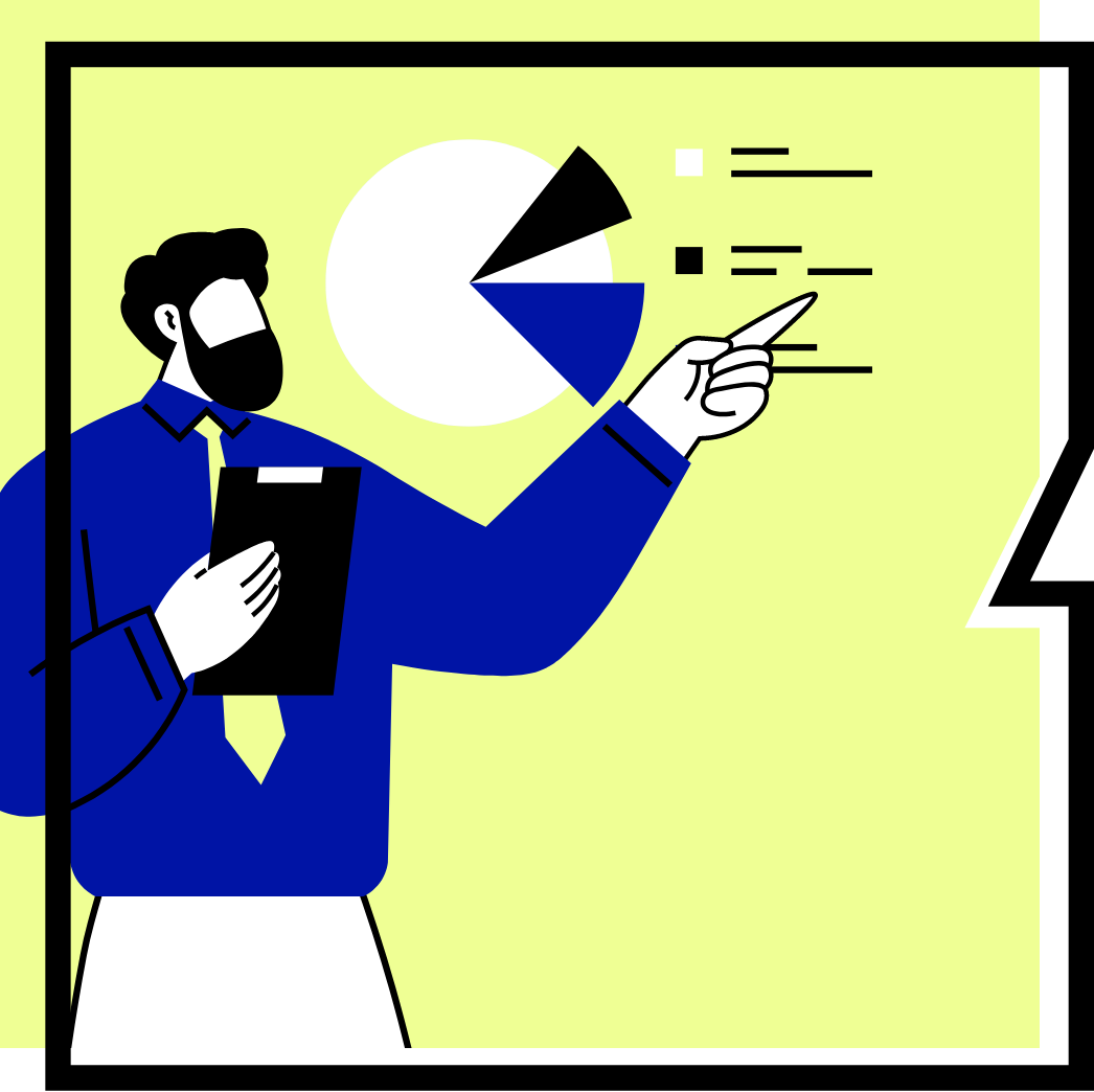 A person wearing a blue shirt and yellow tie holds a clipboard and points to a presentation with a pie chart.