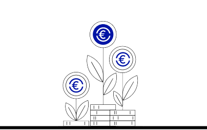 Drei kleine Münztürme liegen auf dem Boden. Aus diesen Münzen erwachsen drei kleine Pflanzen. Anstelle von Blüten sind Euro-Zeichen.