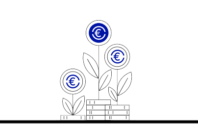 Drei kleine Münztürme liegen auf dem Boden. Aus diesen Münzen erwachsen drei kleine Pflanzen, mit Euro-Zeichen als Blüten.