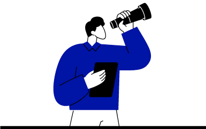 Person mit Klemmbrett in der Hand schaut durch ein Fernrohr