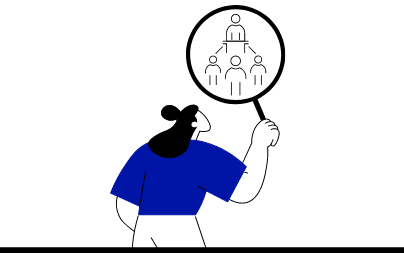 Person schaut mit einer Lupe auf eine Personengruppe