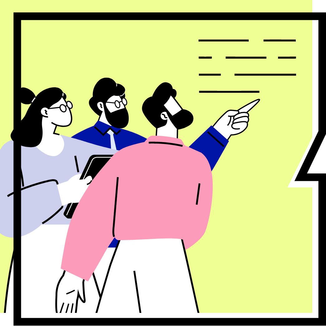 Coalition Building Eine Gruppe aus drei Personen stehen zusammen. eine Person trägt ein graues Oberteil und Brille und hält ein Tabet in der Hand. Eine Person trägt ein pinkes Oberteil und die dritte Person trägt ein blaues Oberteil, weiße Krawatte und Brille. Person drei zeigt auf einen angedeuteten Text. Alle drei Personen schauen in die gezeigte Richtung.