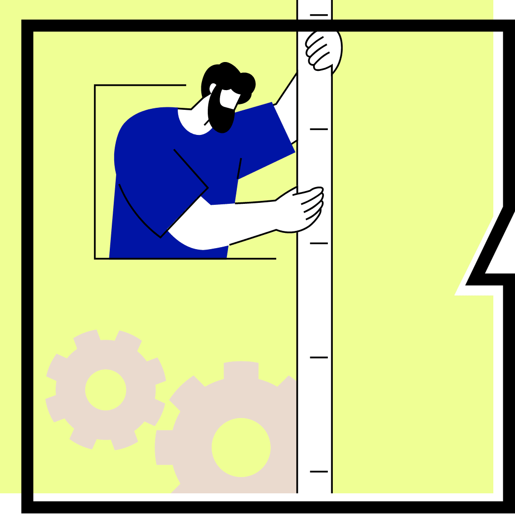Genehmigungsmanagement im politischen Raum Person mit blauem Oberteil steht an einem angedeuteten Fenster und beugt sich mit dem Oberkörper aus dem Fenster. In den Händen hält die Person einen langen Maßstab. Unter dem Fenster befinden sich zwei große Zahnräder.