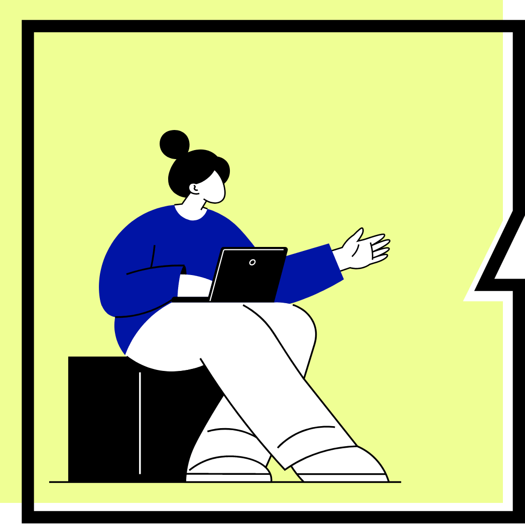 Kampagnen-Design & Management Person mit blauem Oberteil sitzt auf einem schwarzen Würfel mit Laptop auf dem Schoß. Die linke Hand ist in Form einer einladenden Geste dem nicht sichtbaren Gesprächspartner entgegengestreckt.