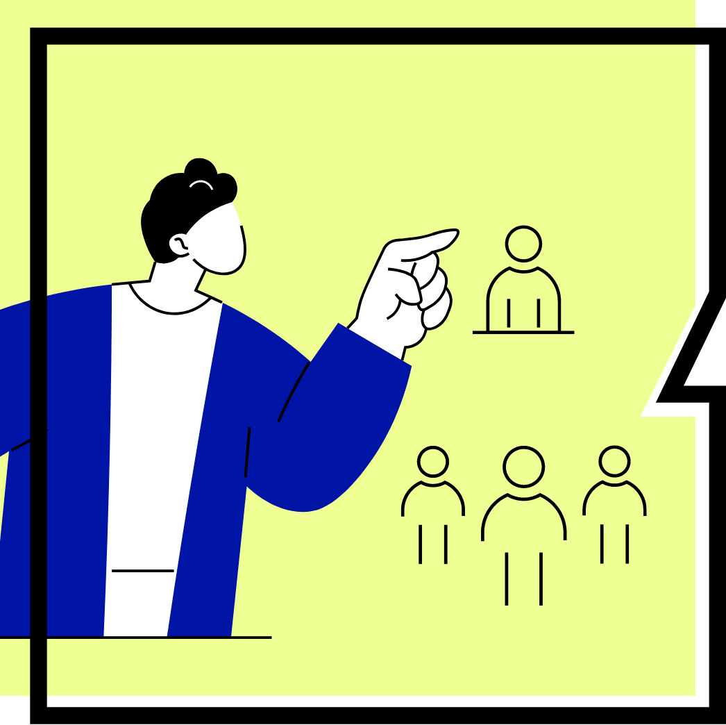 Stakeholder-Mapping Person mit blauem Jacket zeigt auf eine im Hintergrund angedeutete Personengruppe.