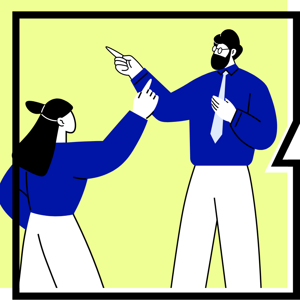 Veranstaltungen & Formate Zwei Personen in blauen Oberteilen stehen sich in einer angeregten Unterhaltung gegenüber und gestikulieren mit ihren Händen.